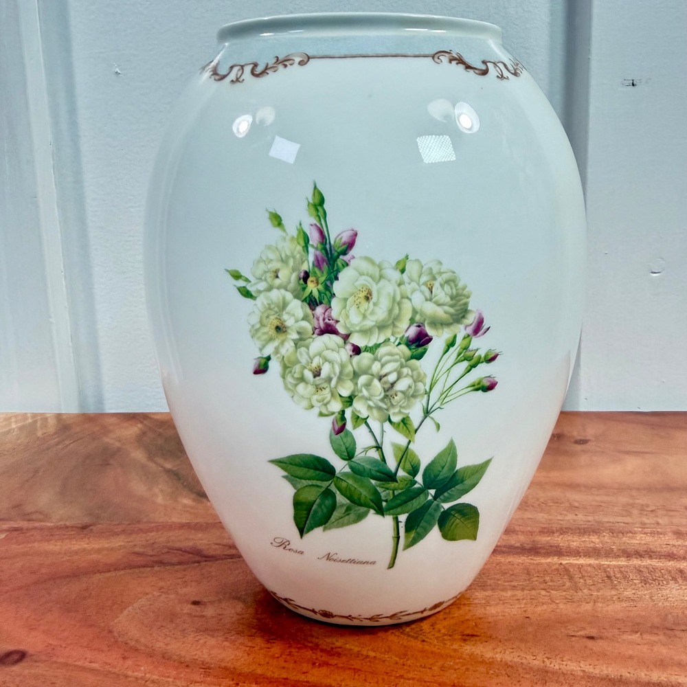 QUEENS Vase REDOUTES ROSES Fine Bone China Rosa Noisettiana 8" White Floral‎